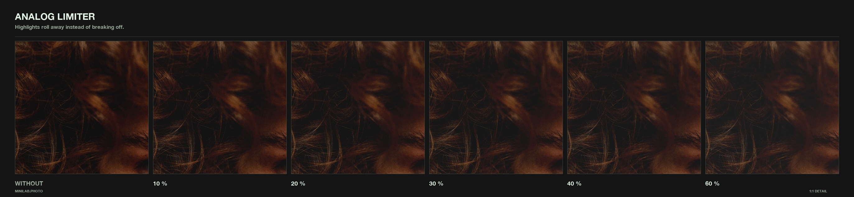 Analog Limiter, dialled - same 1:1 crop at rising strength, WITHOUT on the left