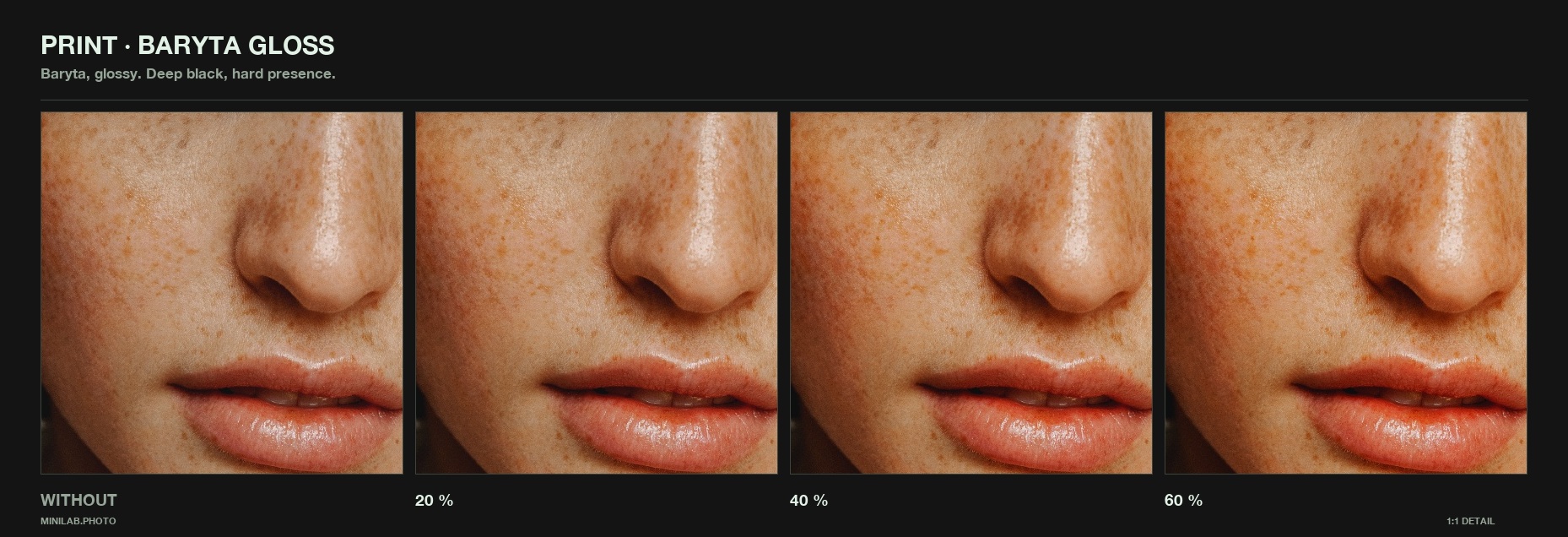 Baryta Gloss, dialled - same 1:1 crop at rising strength, WITHOUT on the left